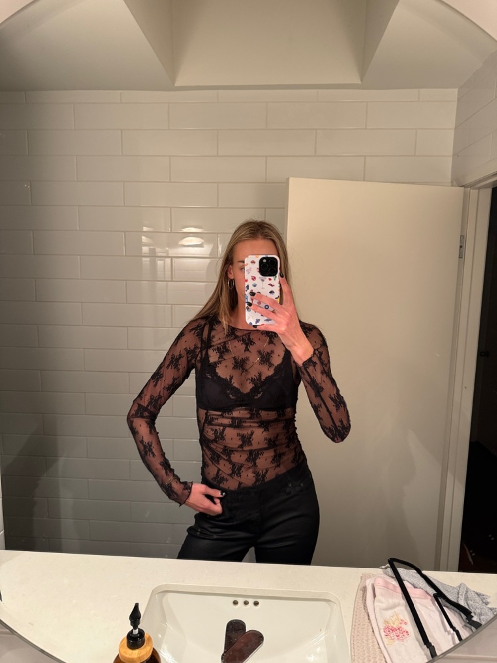 Free People Black Sheer Floral Lace Long Sleeve Top